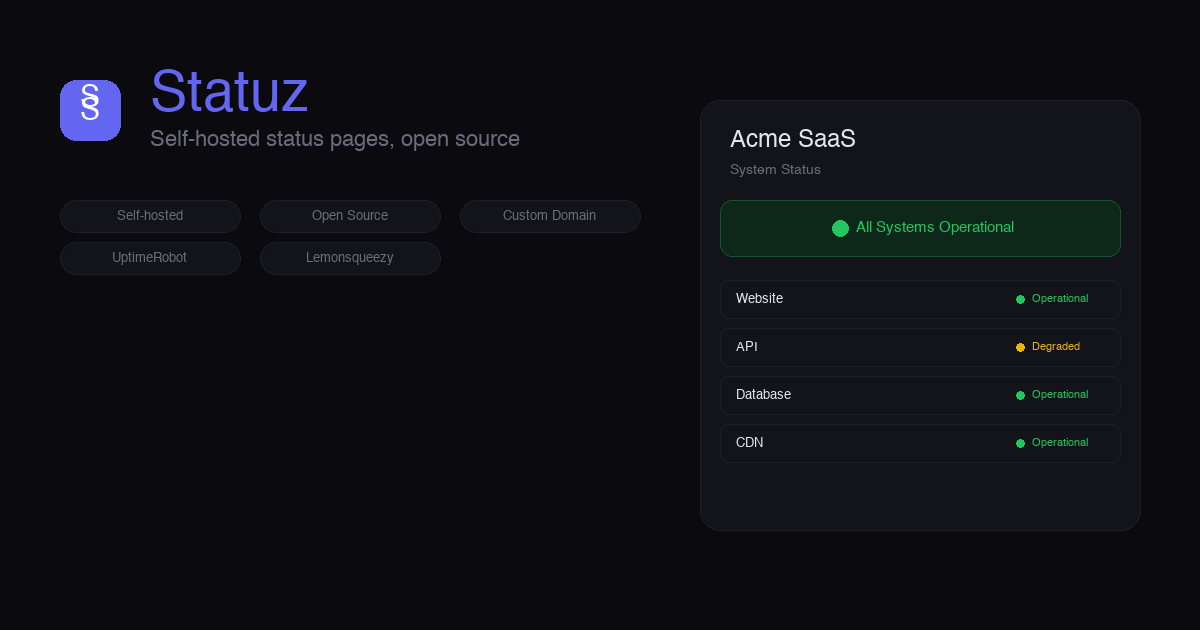 Statuz dashboard preview — status page with component health and incident timeline